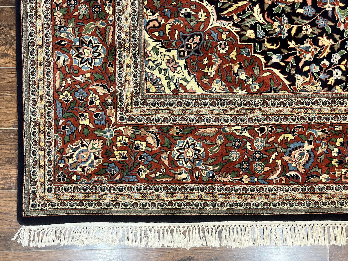 Indo Persian Rug 8x10, Floral Medallion, Vintage Handmade Wool Carpet, Navy Blue and Red, Fine 300 KPSI - Jewel Rugs, view 9