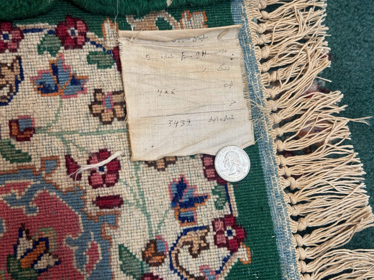 Persian Kerman Rug 4x6, Green Ivory Pink, Wool Vintage, Semi Open Field - Jewel Rugs, view 11