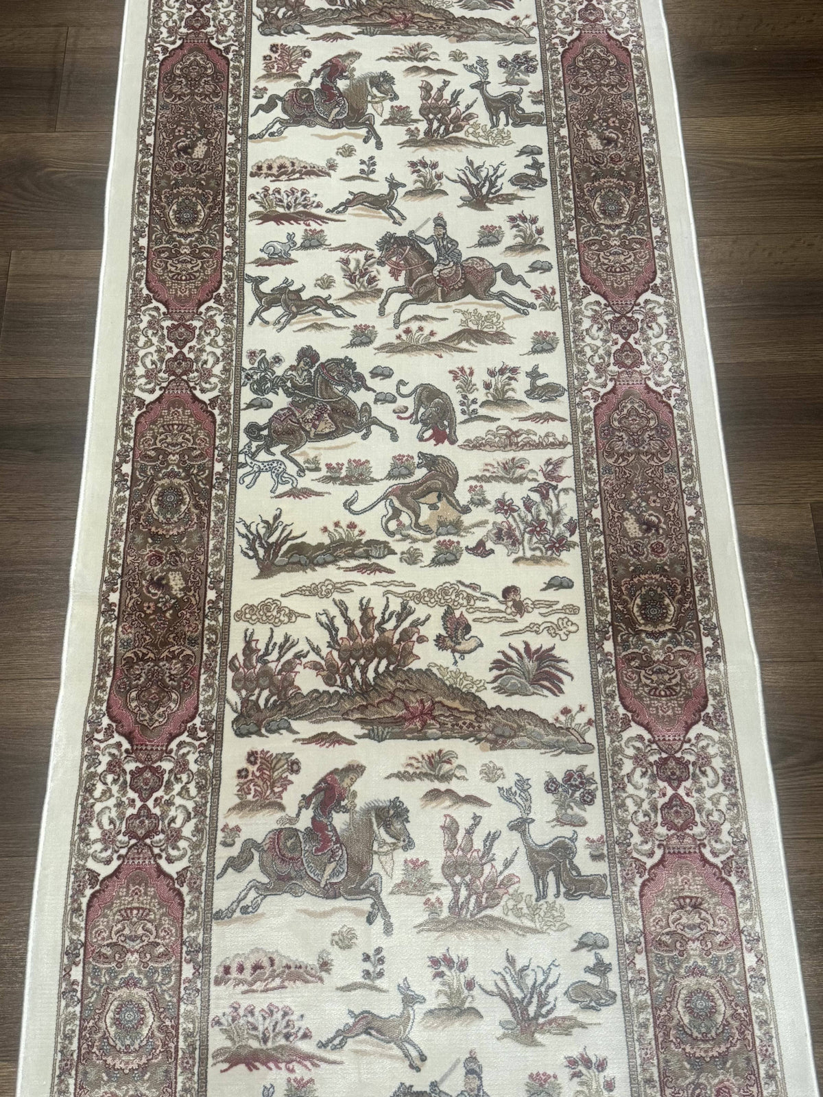 Turkish Silk Runner Rug 2.6 x 8, Hunting Design, Ivory, Bamboo Silk, New - Jewel Rugs, view 5