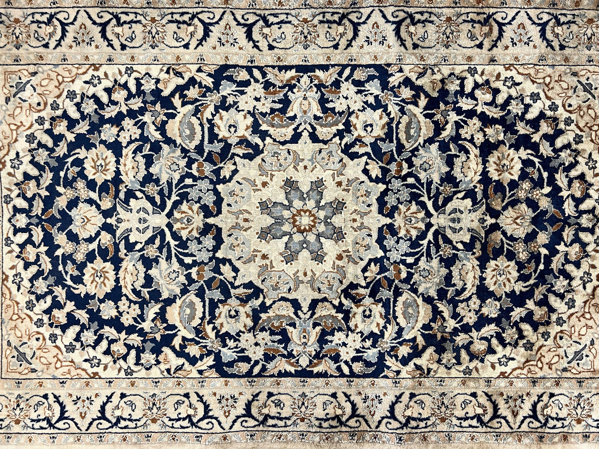 Persian Nain Rug 3x5, Floral Medallion Oriental Carpet, Very Fine Hand Knotted Handmade Wool and Silk Highlights Rug, Vintage Semi Antique - Jewel Rugs, view 5