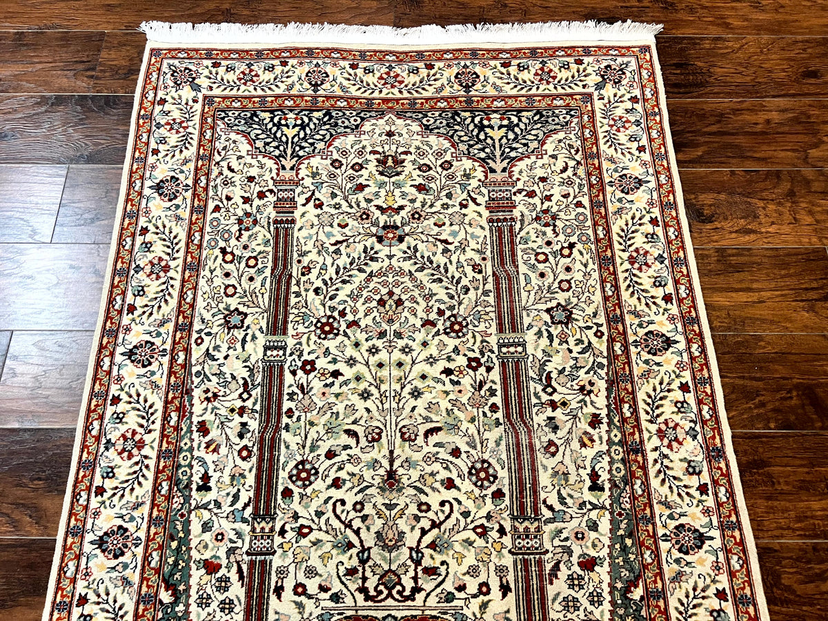 Pak Perisan Prayer Rug 4x6, Tree of LIfe Carpet, Handmade Vintage Wool Rug, Beige, Floral Vases - Jewel Rugs, view 13