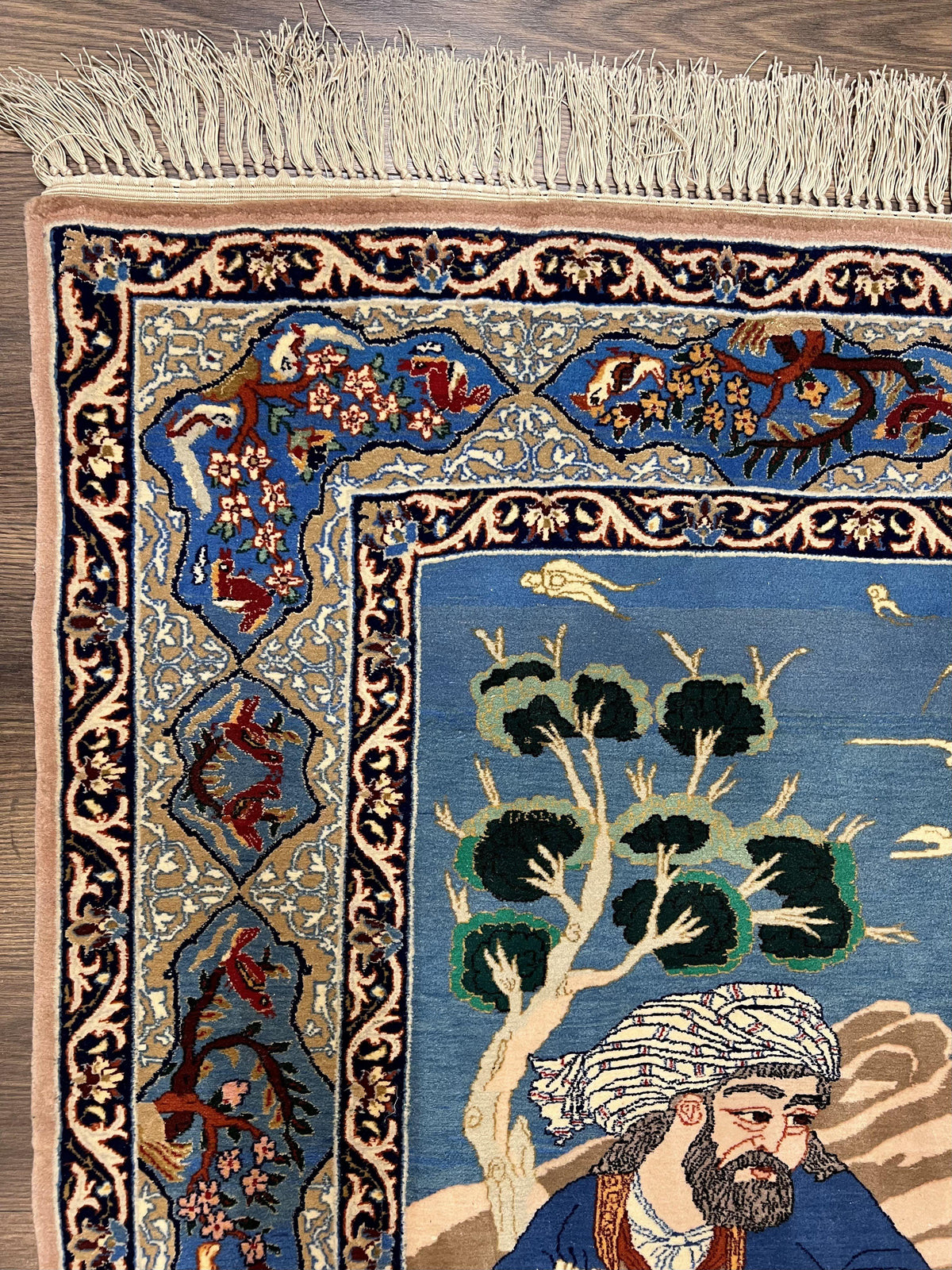 Fine Persian Isfahan Pictorial Rug 3.7 x 5, Kork Wool on Silk Foundation, Blue Persian Carpet, Hand Knotted, Humans Birds, High KPSI, Semi Antique - Jewel Rugs, view 7