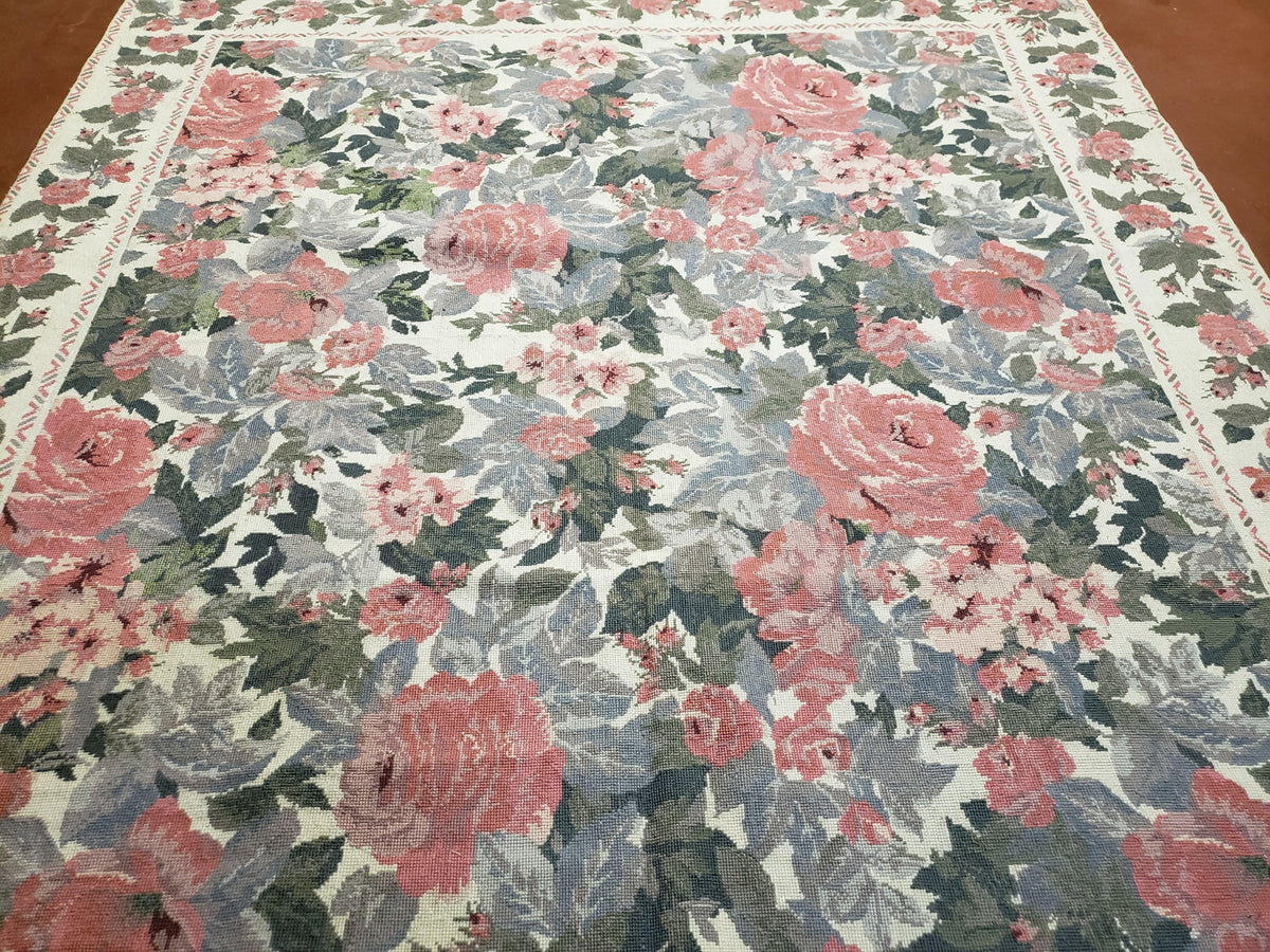 5x8 Needlepoint Rug 5' 4" x 8' 3" Wool Flat Weave Floral New Unused Carpet English Design Ivory Large Pink Flowers Green Leaves Hand-Knotted - Jewel Rugs, view 6
