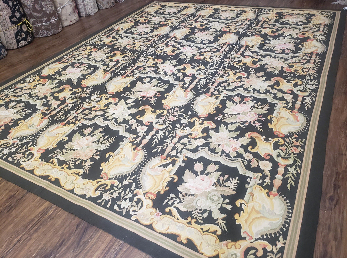Vintage Black Aubusson Area Rug 8x10, Large Flowers Chinese Aubusson Carpet 7.9 x 10, Wool Hand-Knotted Floral Pattern Flat Weave Rug Nice - Jewel Rugs, view 3
