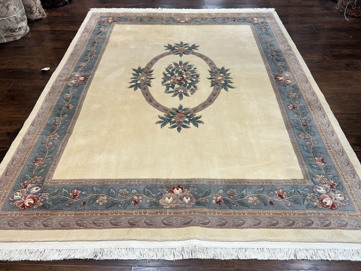 Chinese Carving Rug 8x10, Chinese Wool Carpet 8 x 10, Cream, 120 Line Rug, Vintage Handmade Art Deco Asian Oriental Rug, Aubusson Rug - Jewel Rugs, view 2