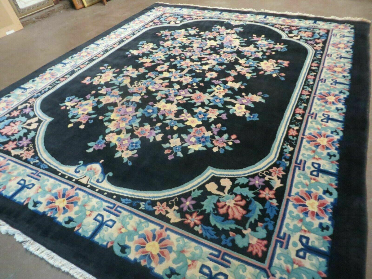 Black Chinese Wool Rug 8x10, Art Deco Floral Carpet, Soft Plush Pile - Jewel Rugs, view 3