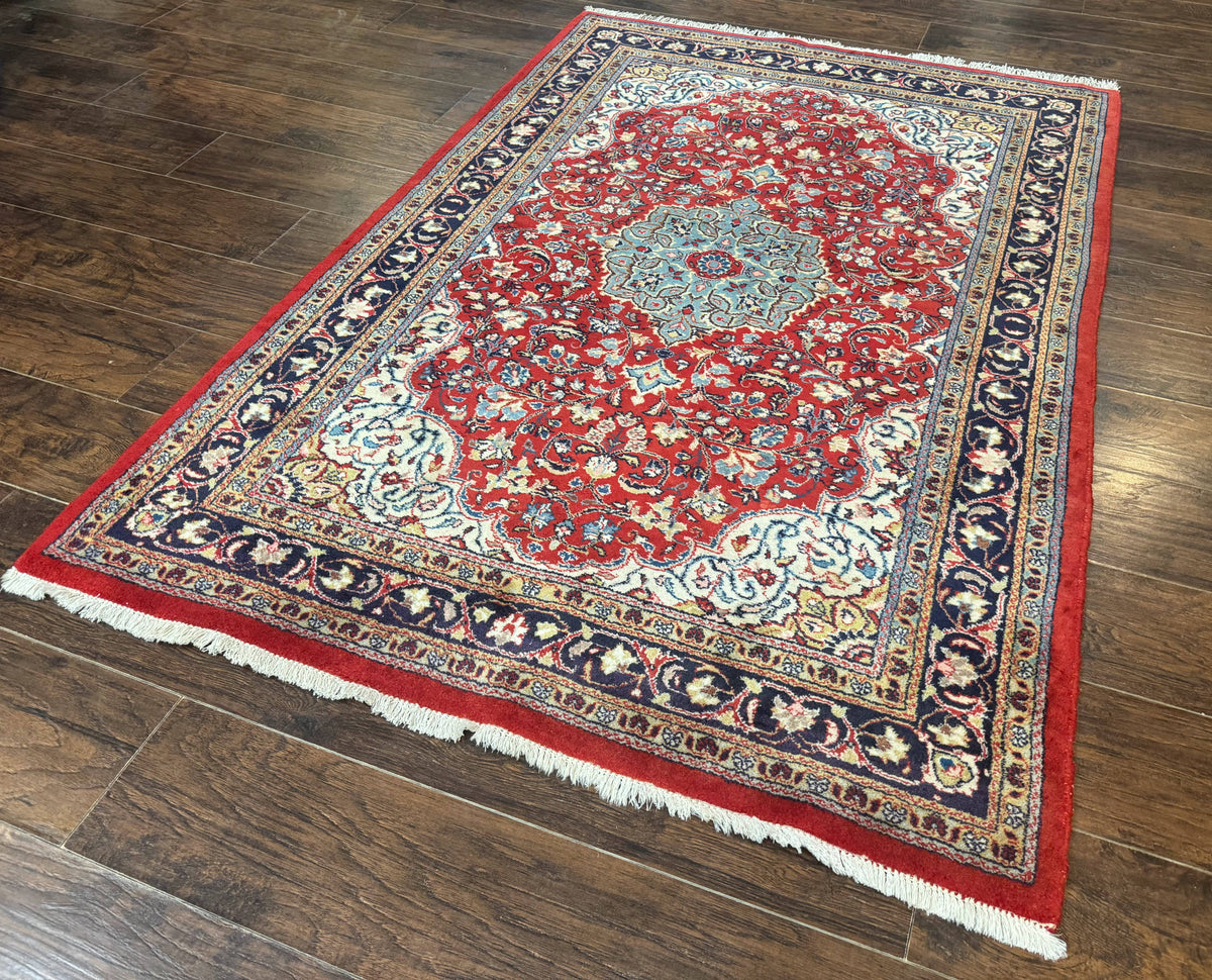 Persian Sarouk Rug 4x7, Red Navy Blue Vintage Wool Medallion Carpet - Jewel Rugs, view 3