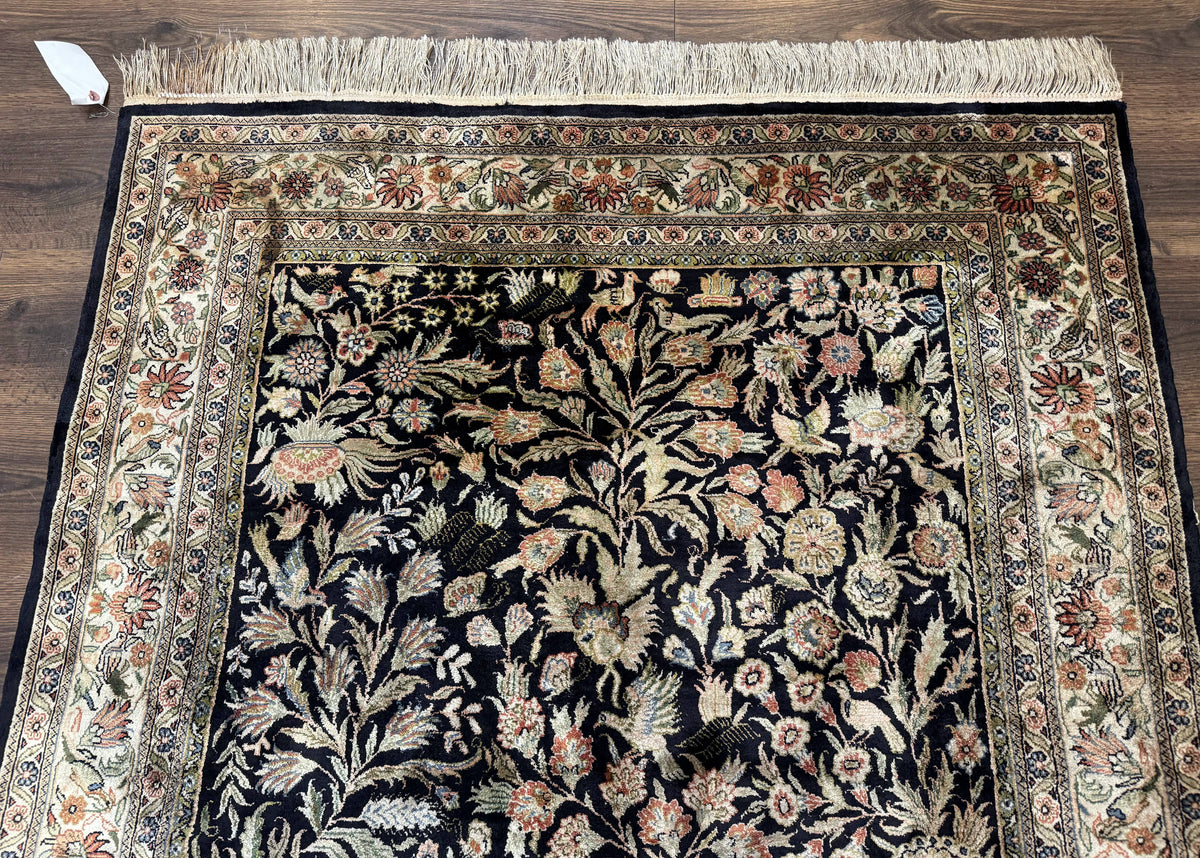 Silk Rug 4x6, Black and Cream, Floral & Bird Pictorials, Fine 330 KPSI, Sino Persian Rug - Jewel Rugs, view 4