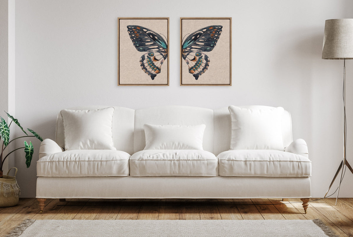 Sylvie Boho Butterfly Watercolor Diptych Neutral Linen Framed Canvas Art Set by The Creative Bunch Studio