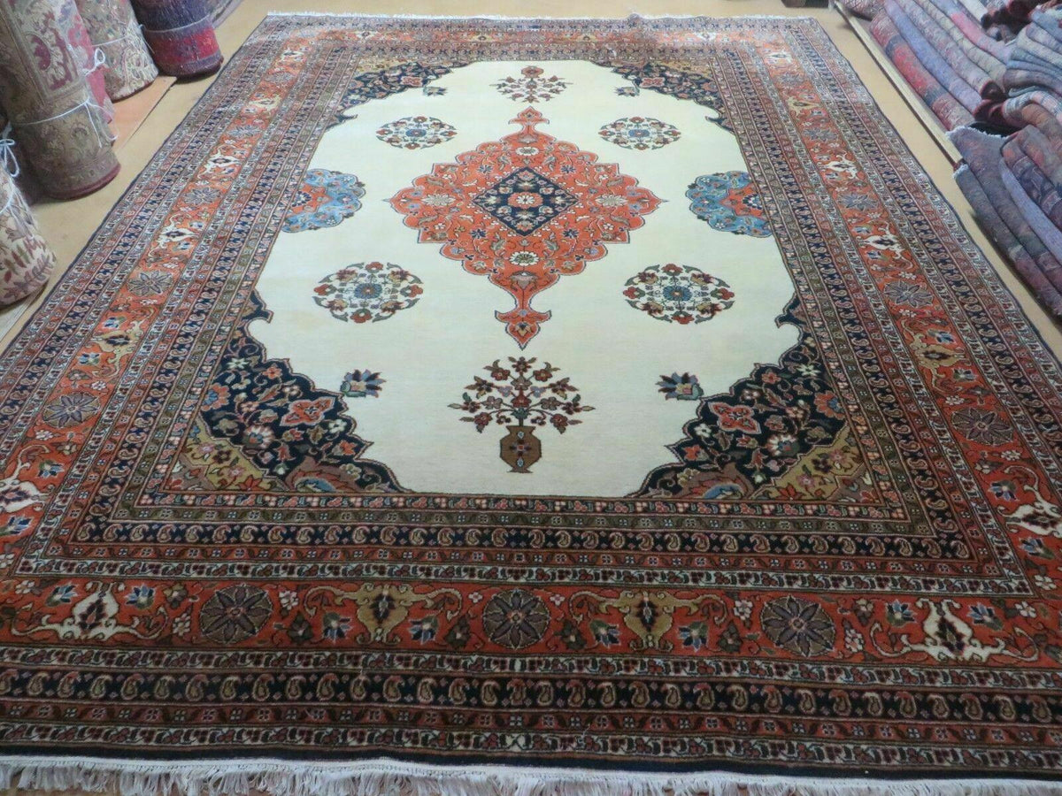 Indo Persian Rug 9x12, Semi Open Field Medallion, Ivory Tomato Red Navy Blue, Hand Knotted Indian Oriental Wool Carpet 9 x 12 ft, Room Sized - Jewel Rugs, view 2