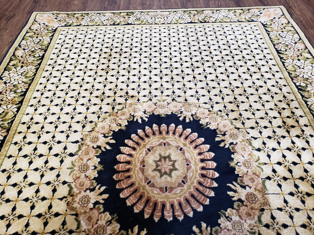 Indian Rug with Tibetan Weave, 6x8 - 6x9 Rugs, Indo-Tibetan Rug, Black and Cream Beige Tan, Floral Border, Soft Rug, Handmade Area Rug, Wool - Jewel Rugs, view 4