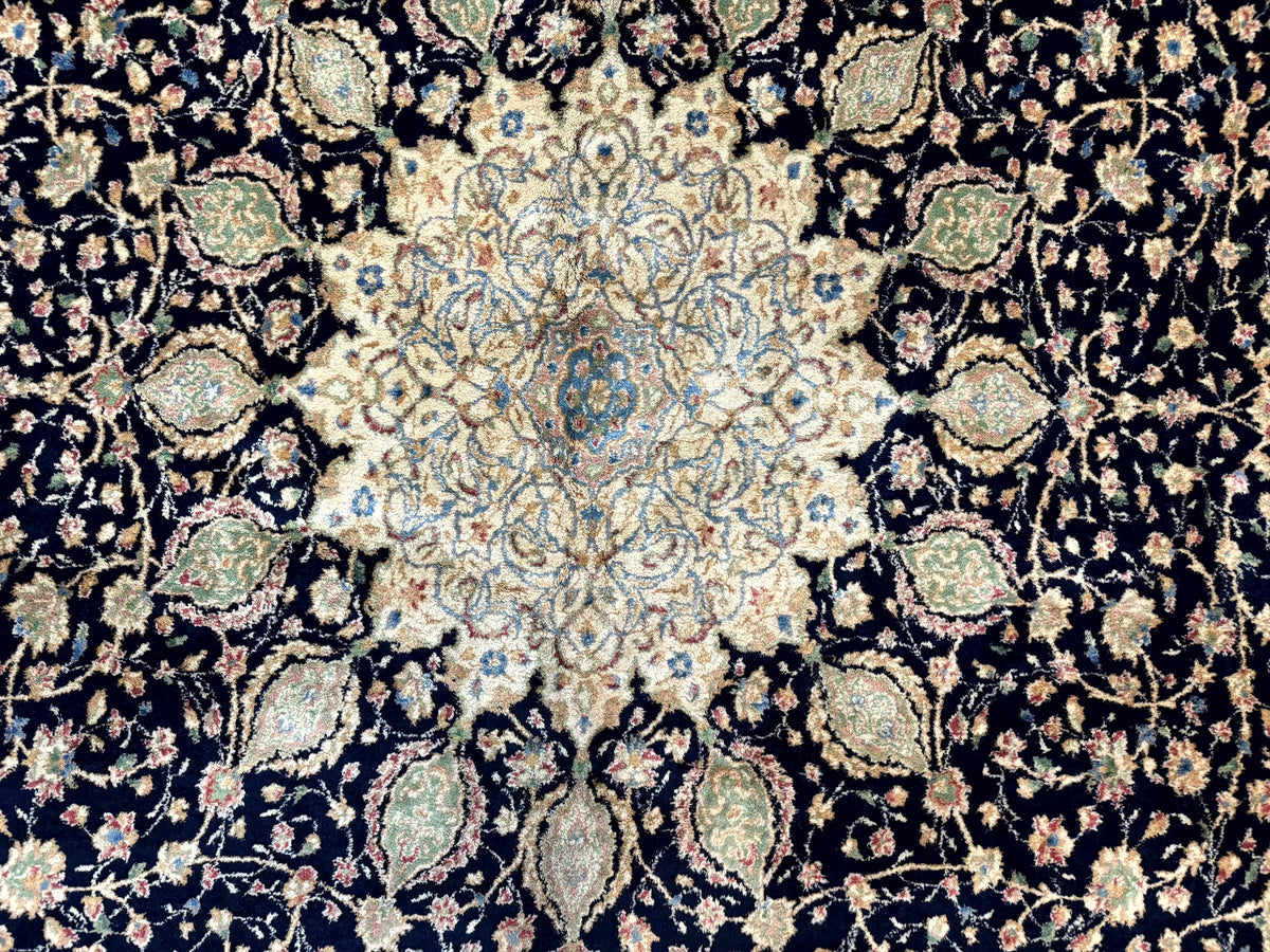 Large Persian Kerman Rug 10x14, Navy Blue and Beige, Floral Medallion, Traditional Elegant Persian Carpet, Signed by Masterweaver - Jewel Rugs, view 4