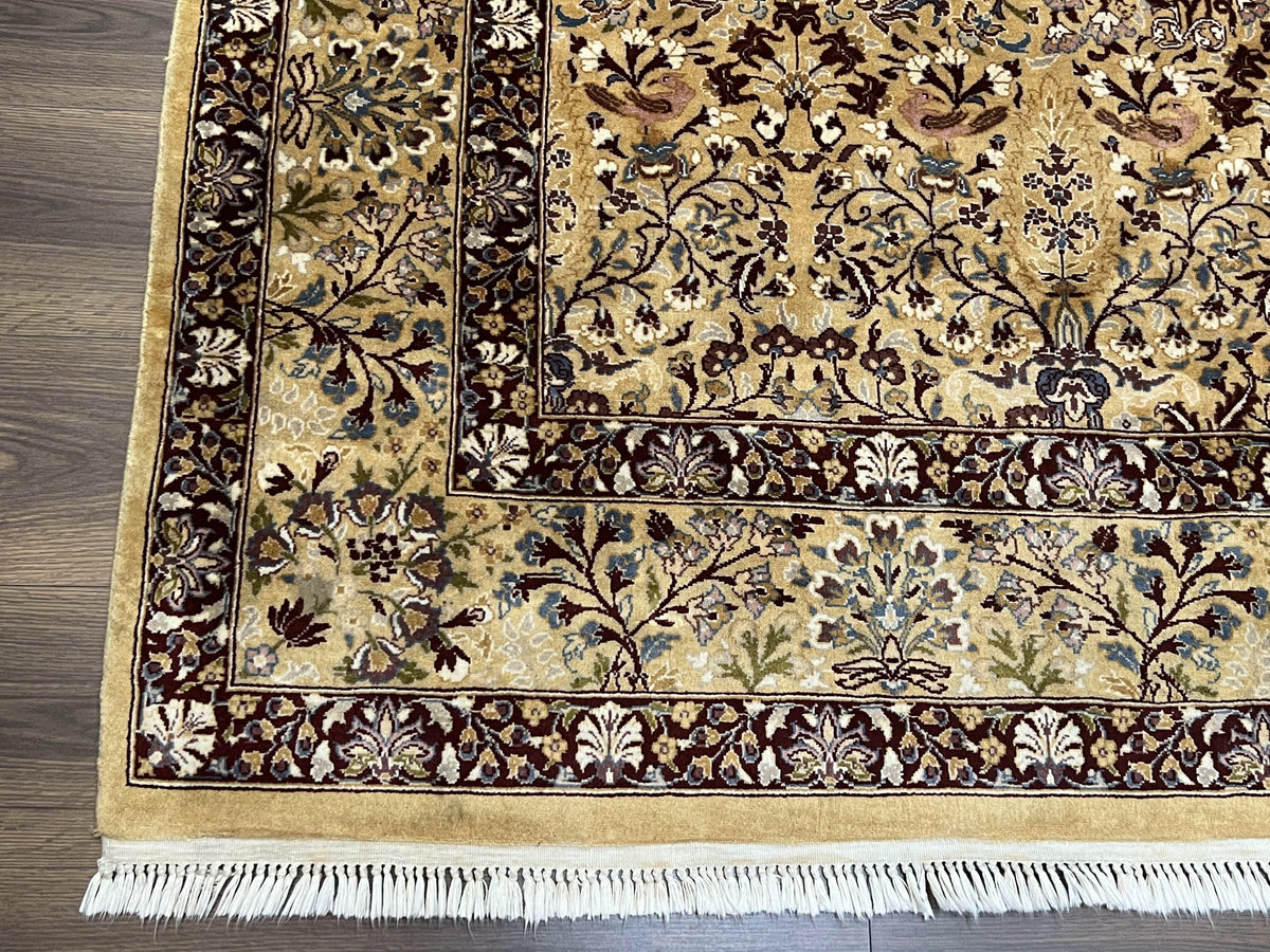 Pretty Indo Persian Rug 6x9, Allover Floral Motif with Birds, Tan/Cream, Very Fine Oriental Carpet, Hand Knotted Vintage Indian Wool Rug - Jewel Rugs, view 8