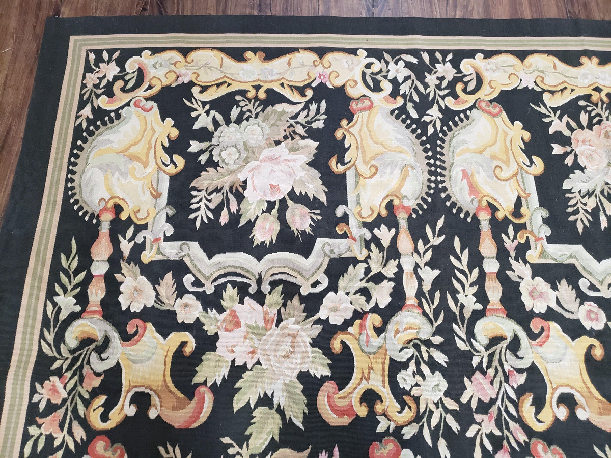 Vintage Black Aubusson Area Rug 8x10, Large Flowers Chinese Aubusson Carpet 7.9 x 10, Wool Hand-Knotted Floral Pattern Flat Weave Rug Nice - Jewel Rugs, view 7