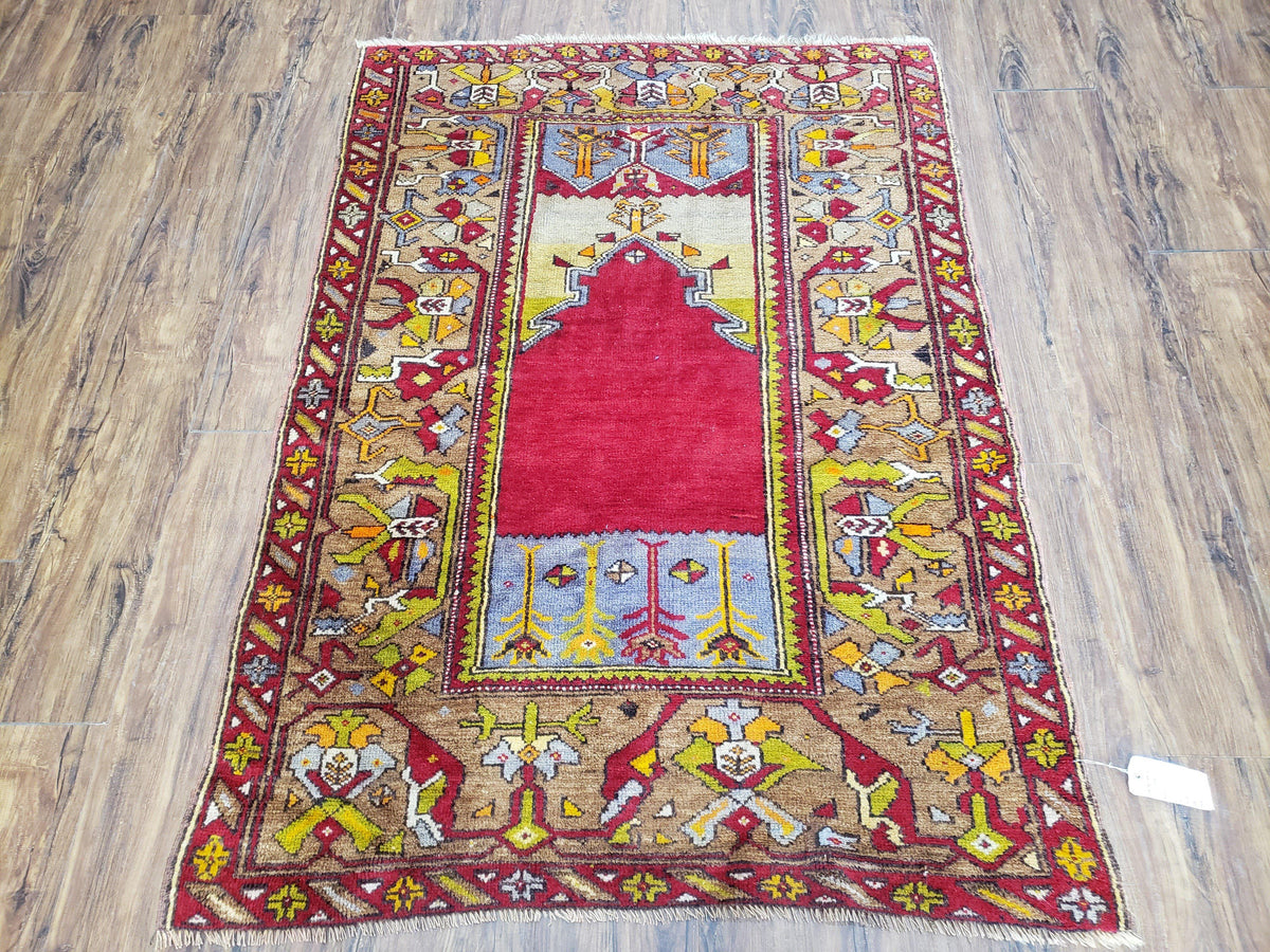 Antique Turkish Prayer Rug 3.8 x 5ft, Colorful Prayer Rug, Red Blue Gold Multicolor Turkish Anatolian Carpet, Handmade Hand-Knotted, Wool - Jewel Rugs, view 2