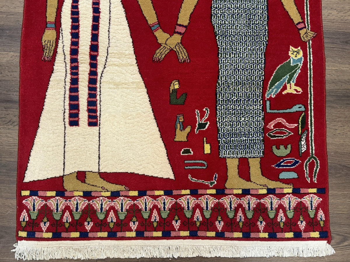 Egyptian Pictorial Rug 3x4, Hieroglyphic Pictorial Rug, Egyptian Prince and Princess, Cleopatra, Vintage Handmade, Red - Jewel Rugs, view 6