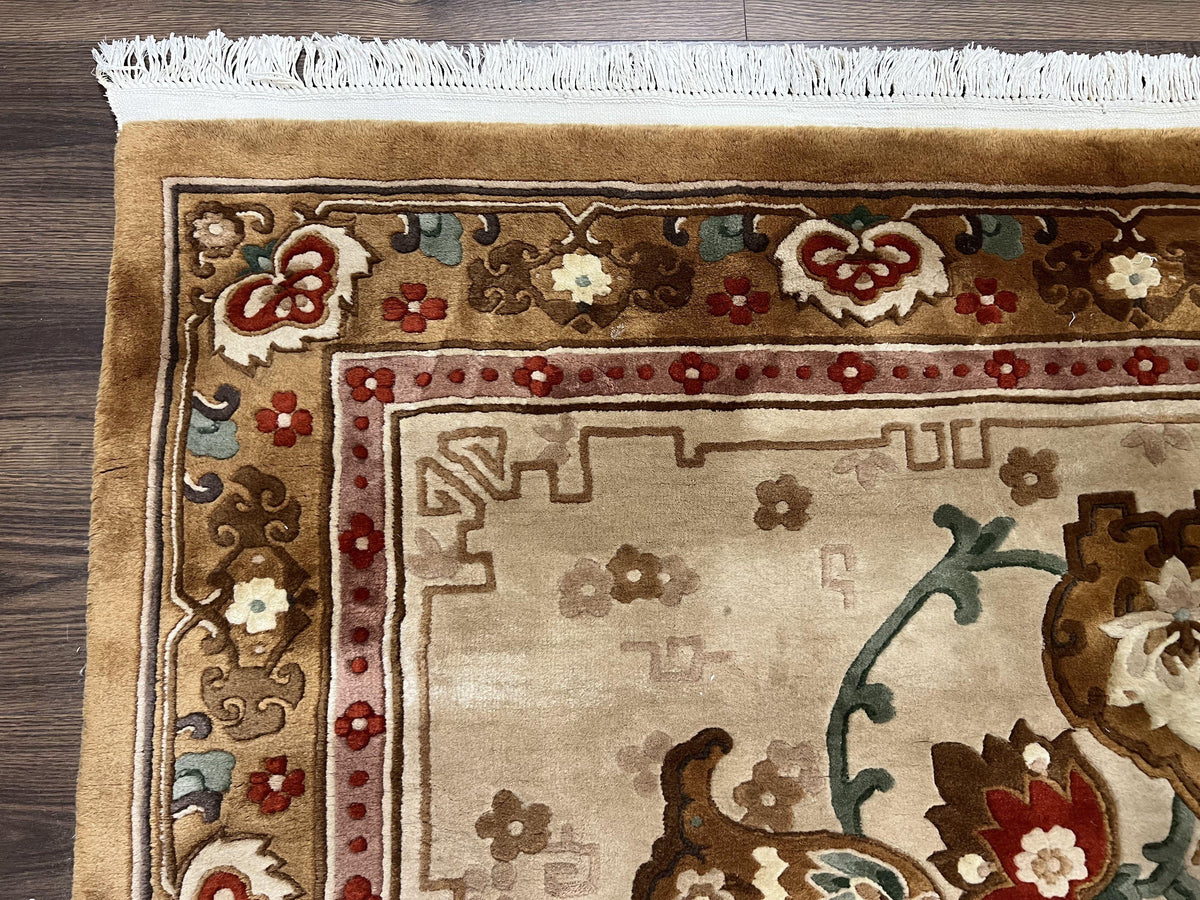 Chinese Wool Rug 5.9 x 9, Tan and Brown Asian Art Deco Carpet, Vintage 1960s Oriental Rug, Hand-Knotted Rug, Soft Wool, Medallion, Pair B - Jewel Rugs, view 7