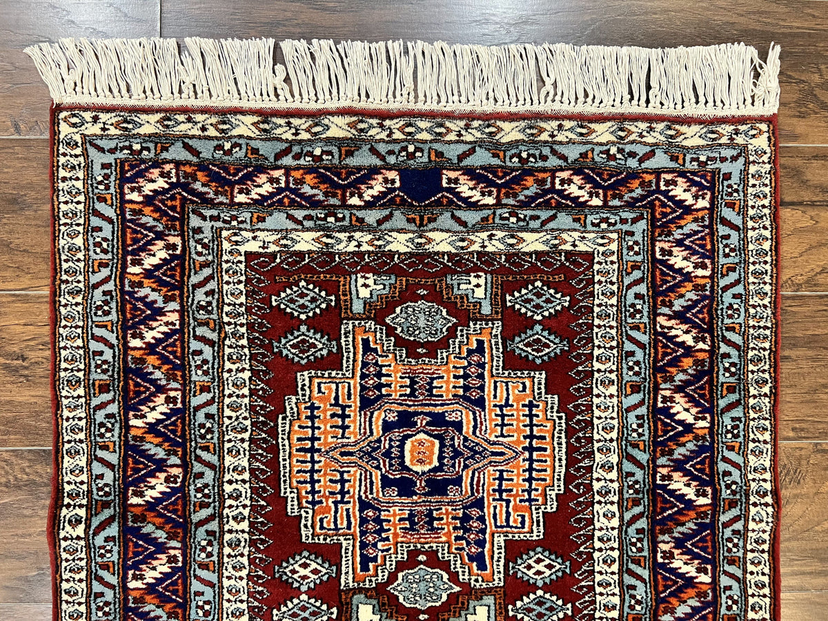 Pakistani Rug 3x5 ft, Caucasian Kazak Design, Geometric Rug, Small Vintage Oriental Carpet, Dark Red Vintage Handmade Wool Rug 3 x 5 - Jewel Rugs, view 4