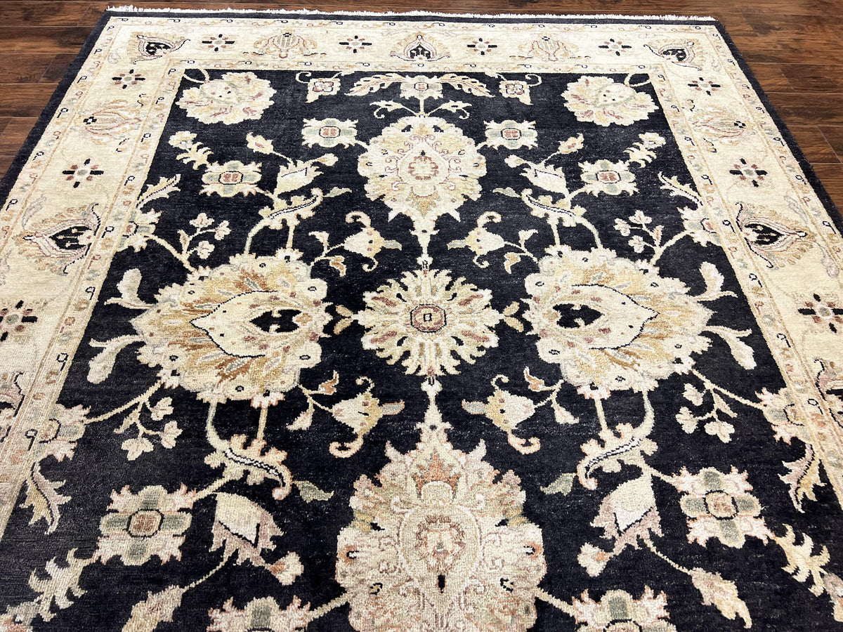 Indo Mahal Rug 8x10, Black and Beige, Vintage Rug 8 x 10 ft, Floral, Handmade Wool Carpet - Jewel Rugs, view 5