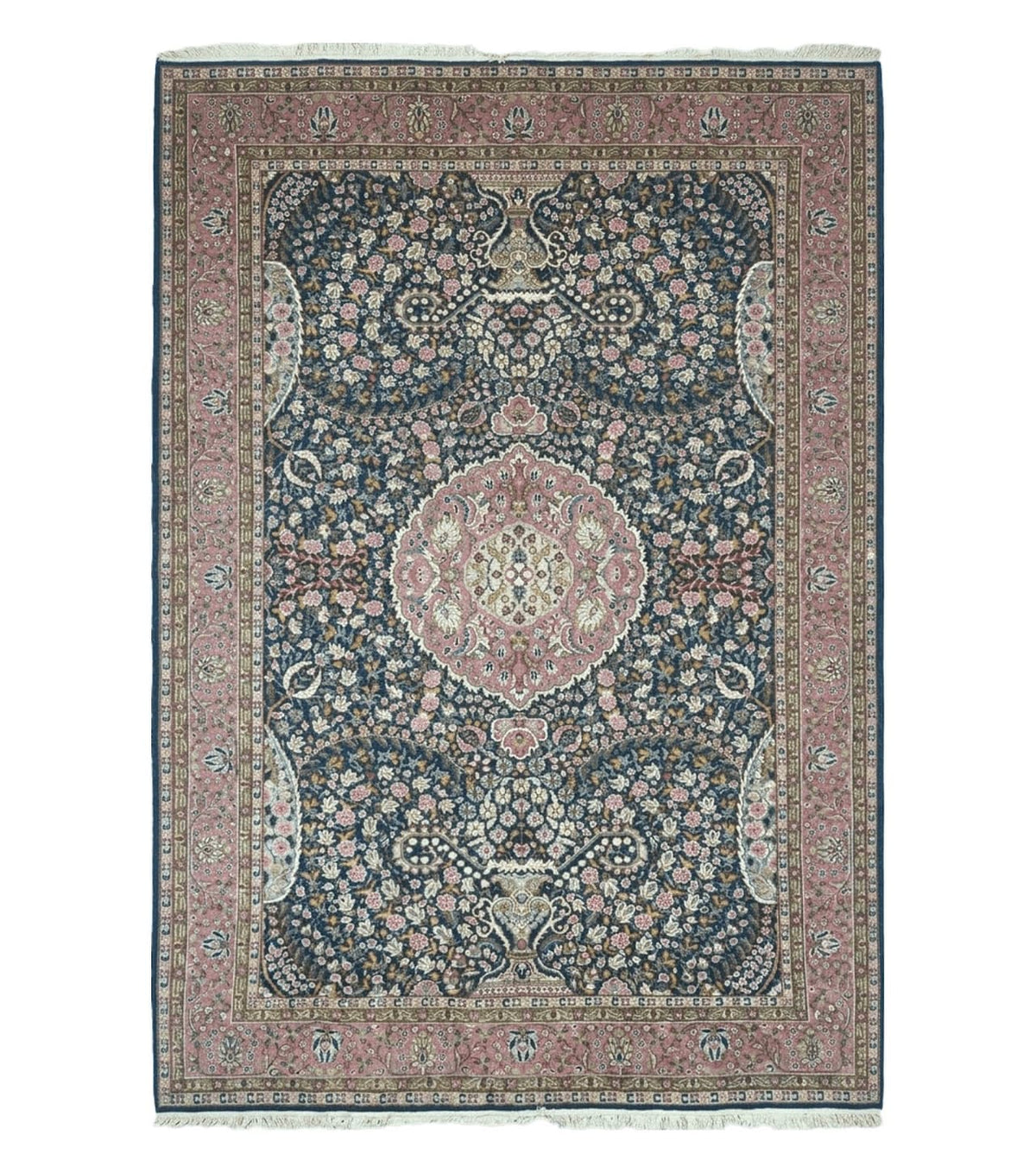Turkish Sivas Rug 7x11, Navy Blue & Pink, Millifluer Floral Wool Carpet, Vintage - Jewel Rugs