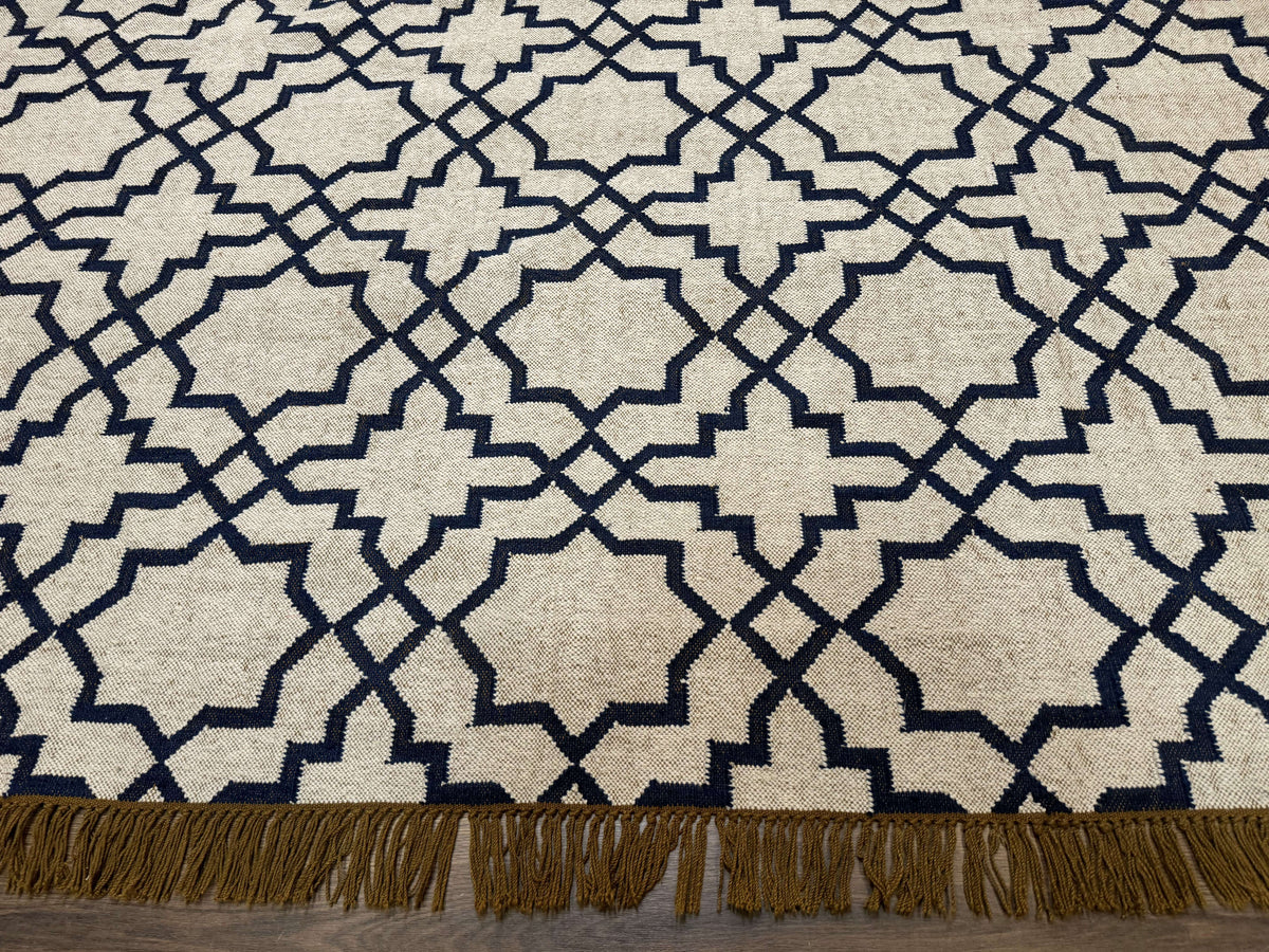 Indian Kilim Rug 8x10, Oat and Navy Blue, Dhurrie Carpet, Handmade, Wool - Jewel Rugs, view 6