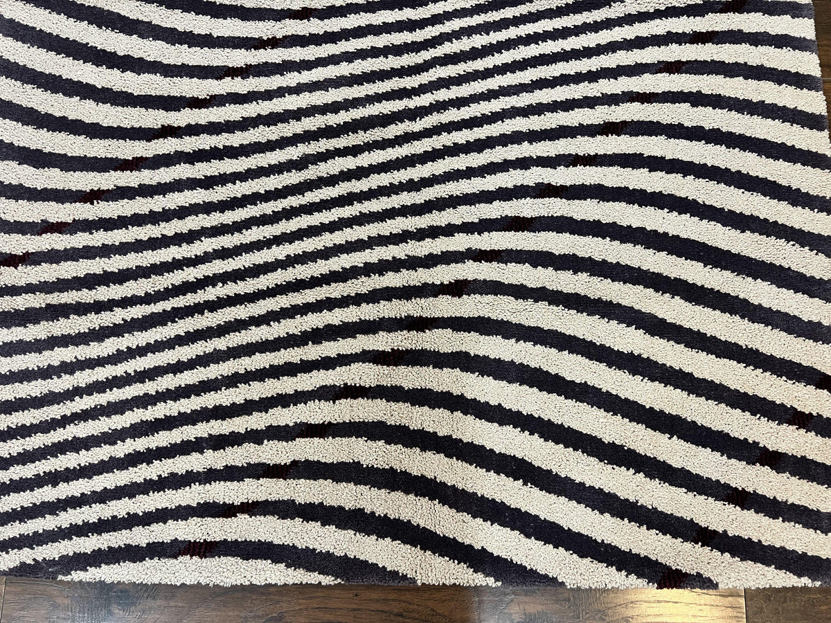 Vintage Zebra Stripes Shag Rug 5.7 x 7.4, Black and White, Retro, Wool - Jewel Rugs, view 6
