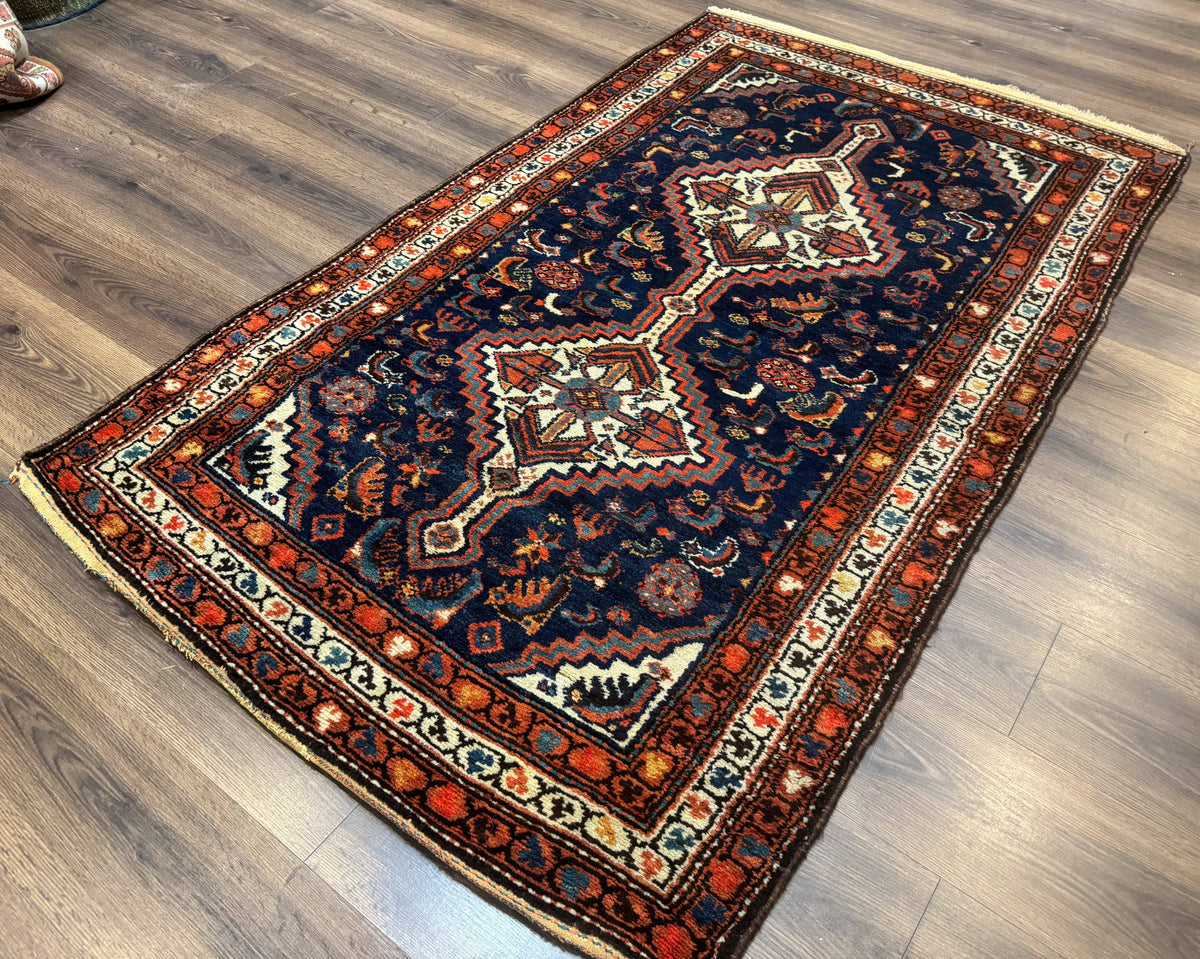 Antique Persian Hamadan Rug 4x6, Geometric, Double Medallions, Navy Blue, Tribal Carpet - Jewel Rugs, view 3