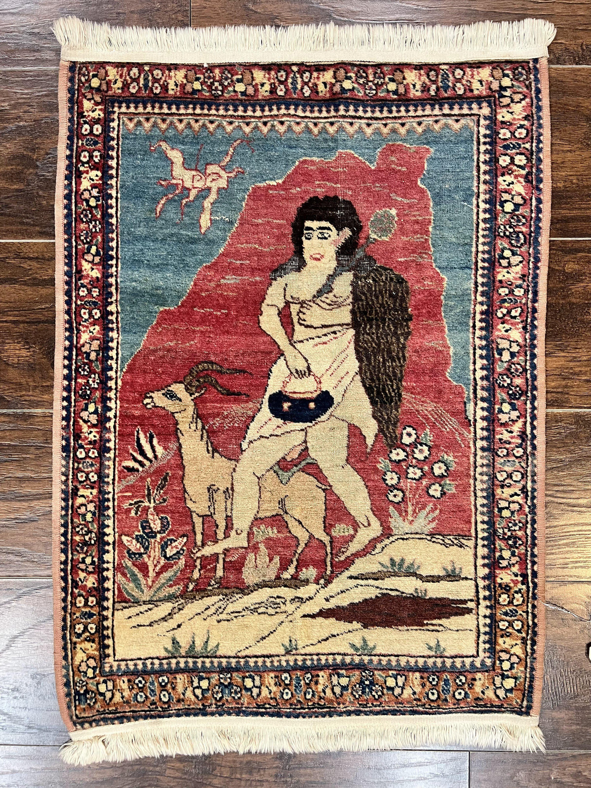 Antique Persian Kirman Rug 2 x 2.5, Small Hand Knotted Wool Carpet, Lavar Rug, Shepherd with Ram Pictorial Rug #1 - Jewel Rugs, view 2