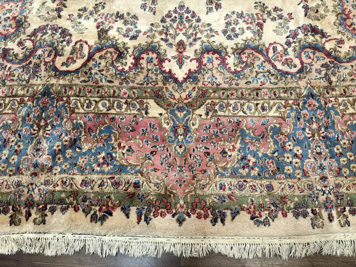 Palace Size Persian Kerman Rug 11x20 ft, Very Fine 340 KPSI, Vintage Oversized Wool Handmade Large Persian Carpet, Beige Light Blue Pink - Jewel Rugs, view 5