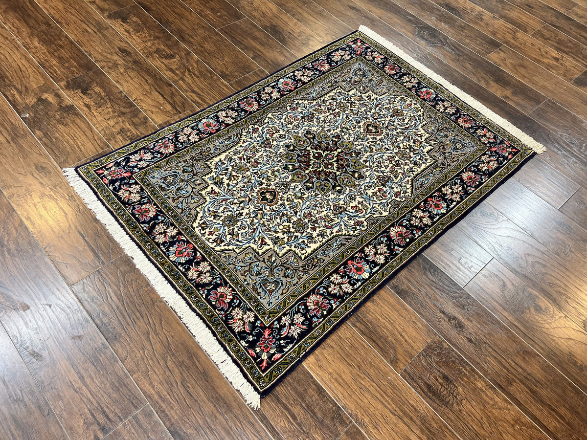 Persian Qum Rug 3x5, Wool with Silk Highlights, Handmade Semi Antique Carpet, Ivory & Navy Blue, Floral Medallion, Finely Hand Knotted - Jewel Rugs, view 13