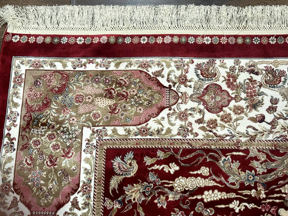 Turkish Silk Hunting Scene Rug 5 x 7.6, Red & Ivory, Bamboo Silk, New - Jewel Rugs, view 6