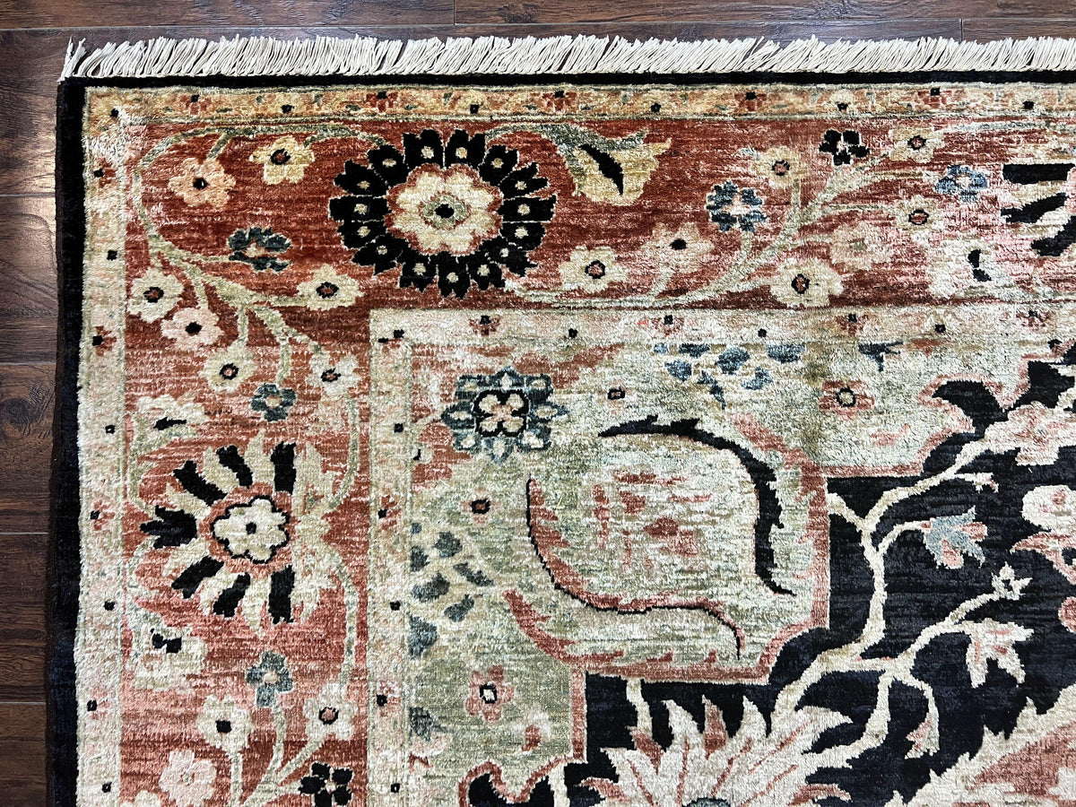 Pak Persian Rug 8x10, Pakistani Mahal Sultanabad Carpet, Signature from Master Weaver, Shiny Wool, Black Red Vintage Handmade Medallion Rug - Jewel Rugs, view 7