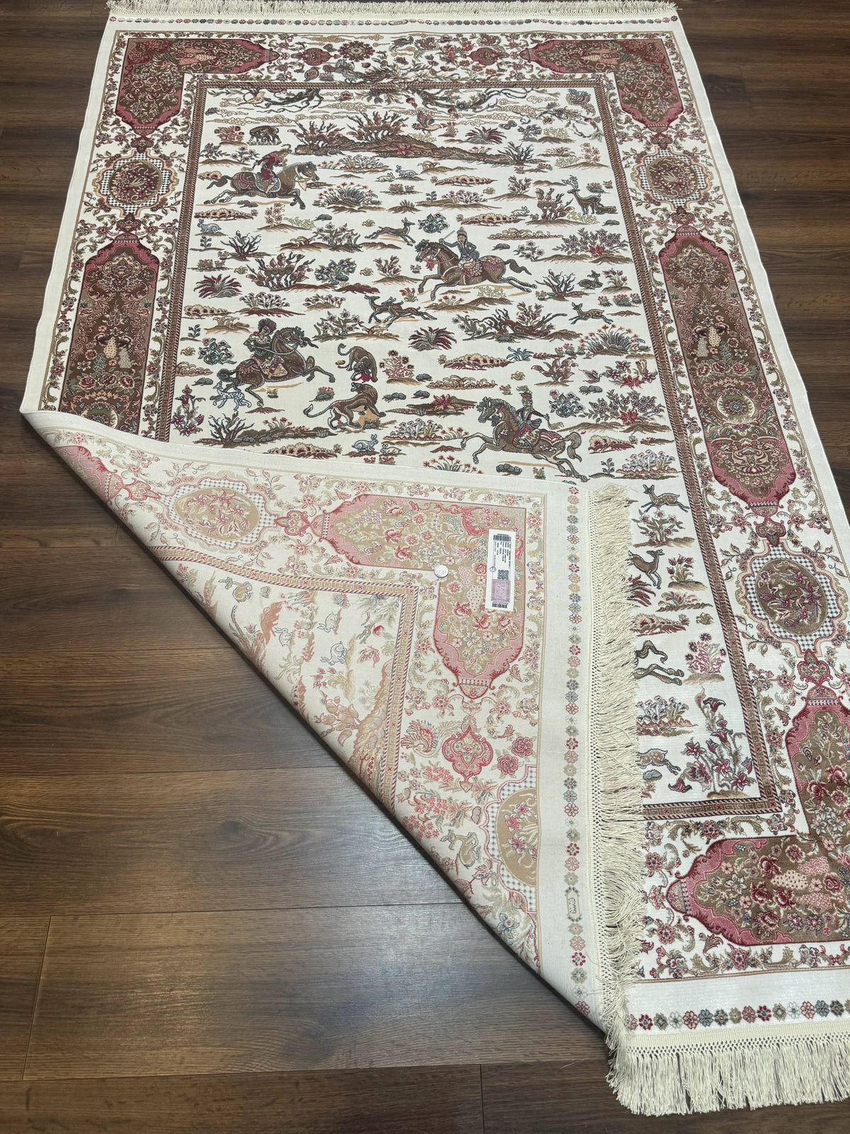 Turkish Silk Rug 5x8, Ivory, Hunting Design, Animal Pictorials, Bamboo Silk - Jewel Rugs, view 12