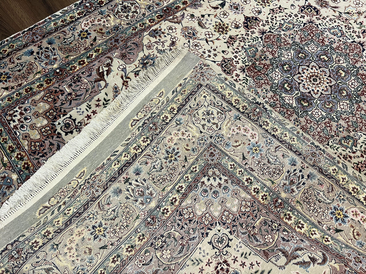 Beautiful Pak Persian Rug 6x9, Floral Medallion, Wool and Silk, Highly Detailed Elegant Carpet, Vintage Oriental Rug 6 x 9, Cream and Gray - Jewel Rugs, view 10