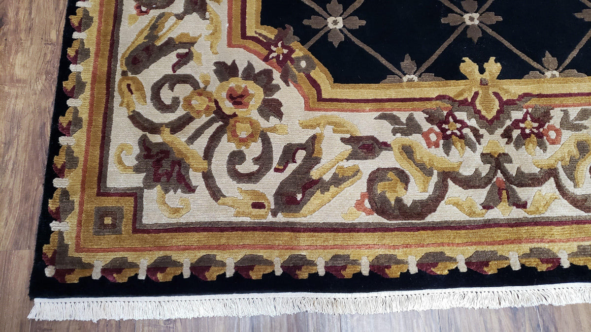 Nepal Rug 6x9, Nepalese Aubusson Area Rug 6 x 9, Hand-Knotted Wool Soft Pile Black & Beige Tibetan Aubusson New Carpet European Savonnerie - Jewel Rugs, view 9