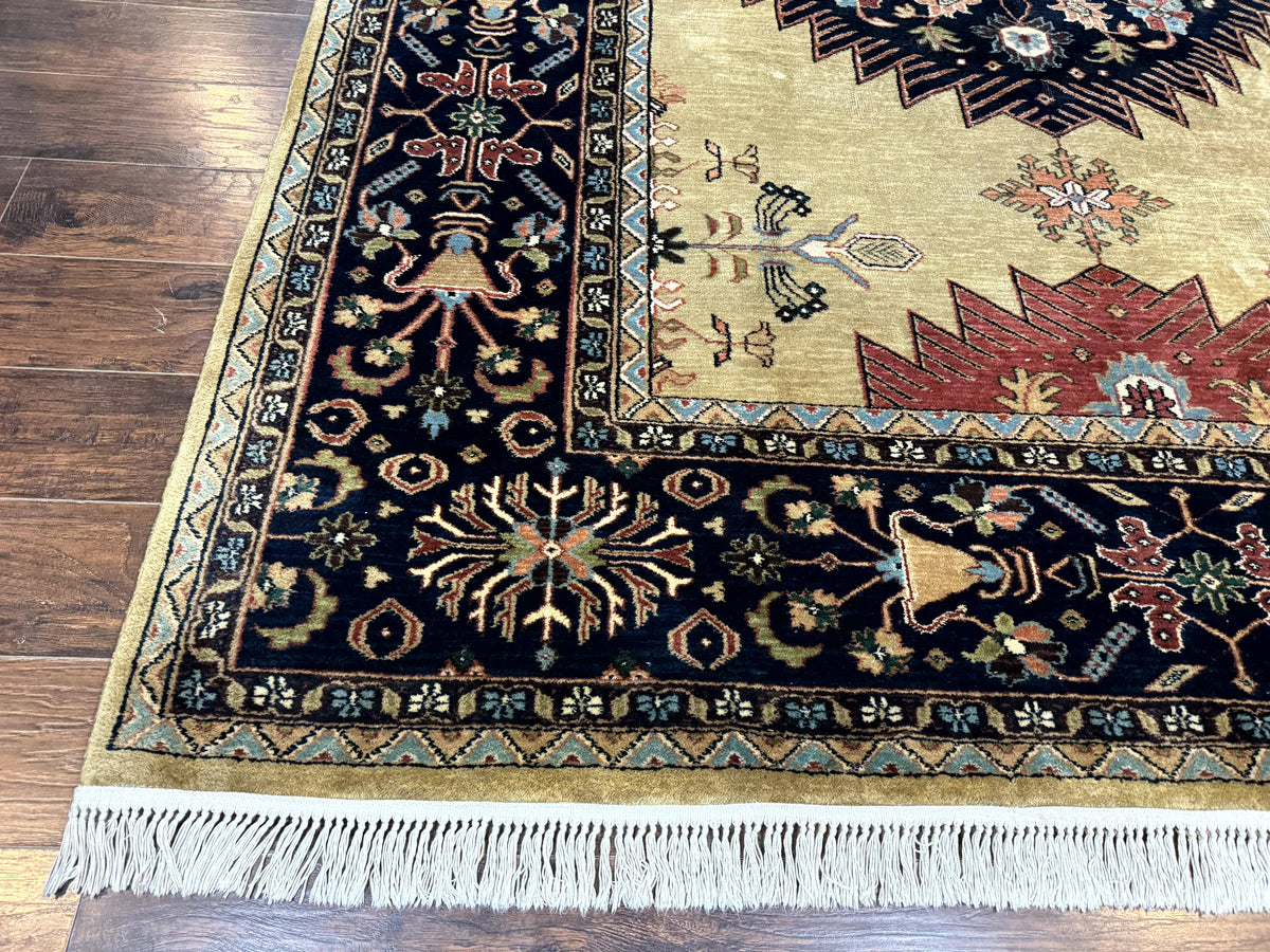 Indo Persian Heriz Rug 8x12, Camel Hair Tan and Navy Blue, Decorative - Jewel Rugs, view 9