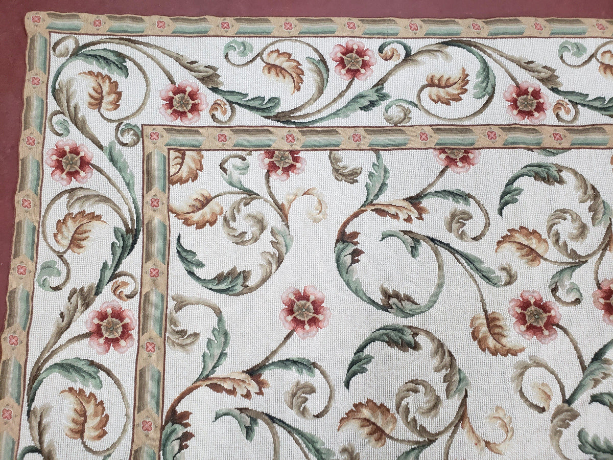 Needlepoint Rug 9x12, European Aubusson Design, Floral Allover Garden Pattern, New Needlepoint Area Rug, Ivory Rug, Hand Woven, Flatweave - Jewel Rugs, view 7