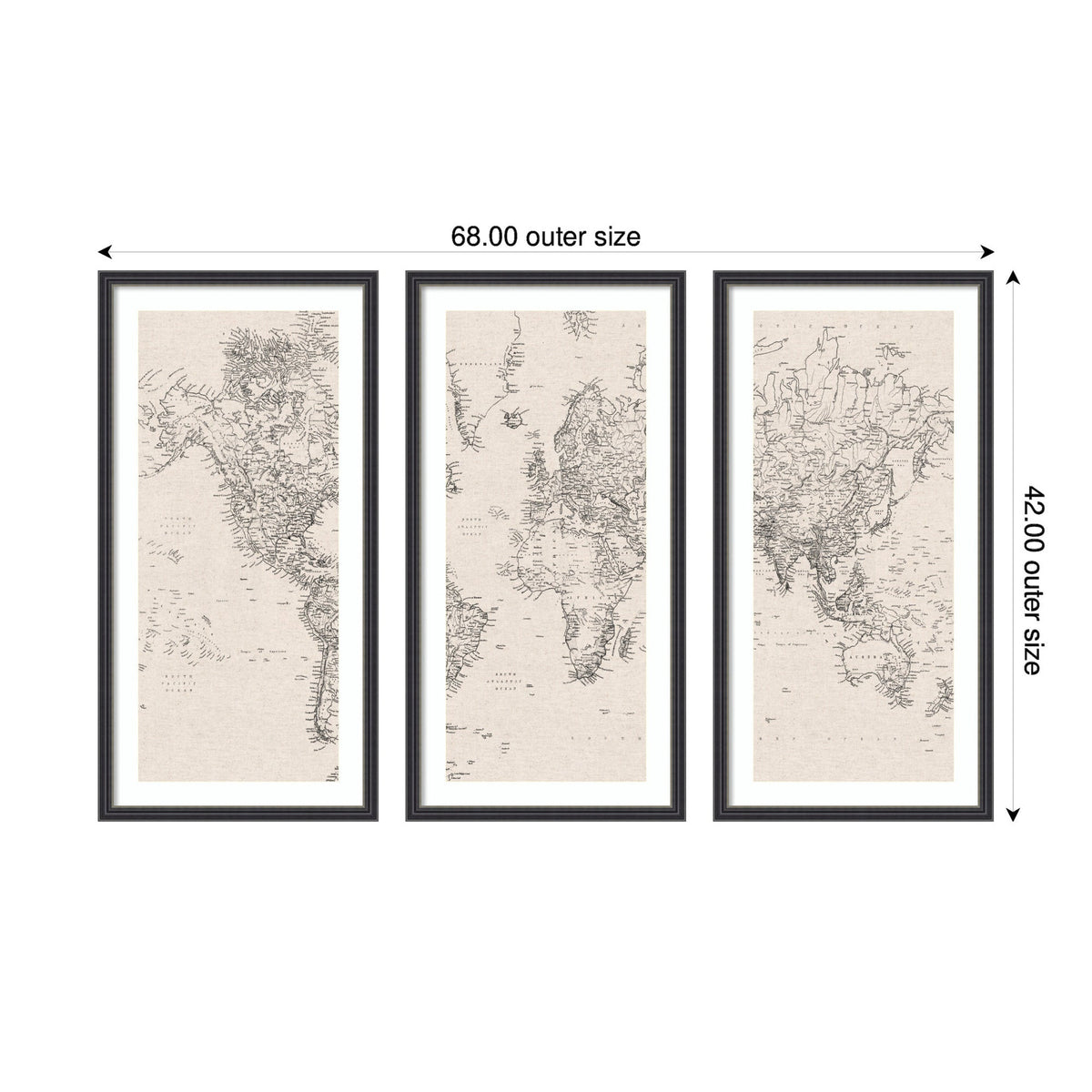 Vintage Black and White World Map Linen 3 Piece Framed Wall Art Print Set by The Creative Bunch Studio