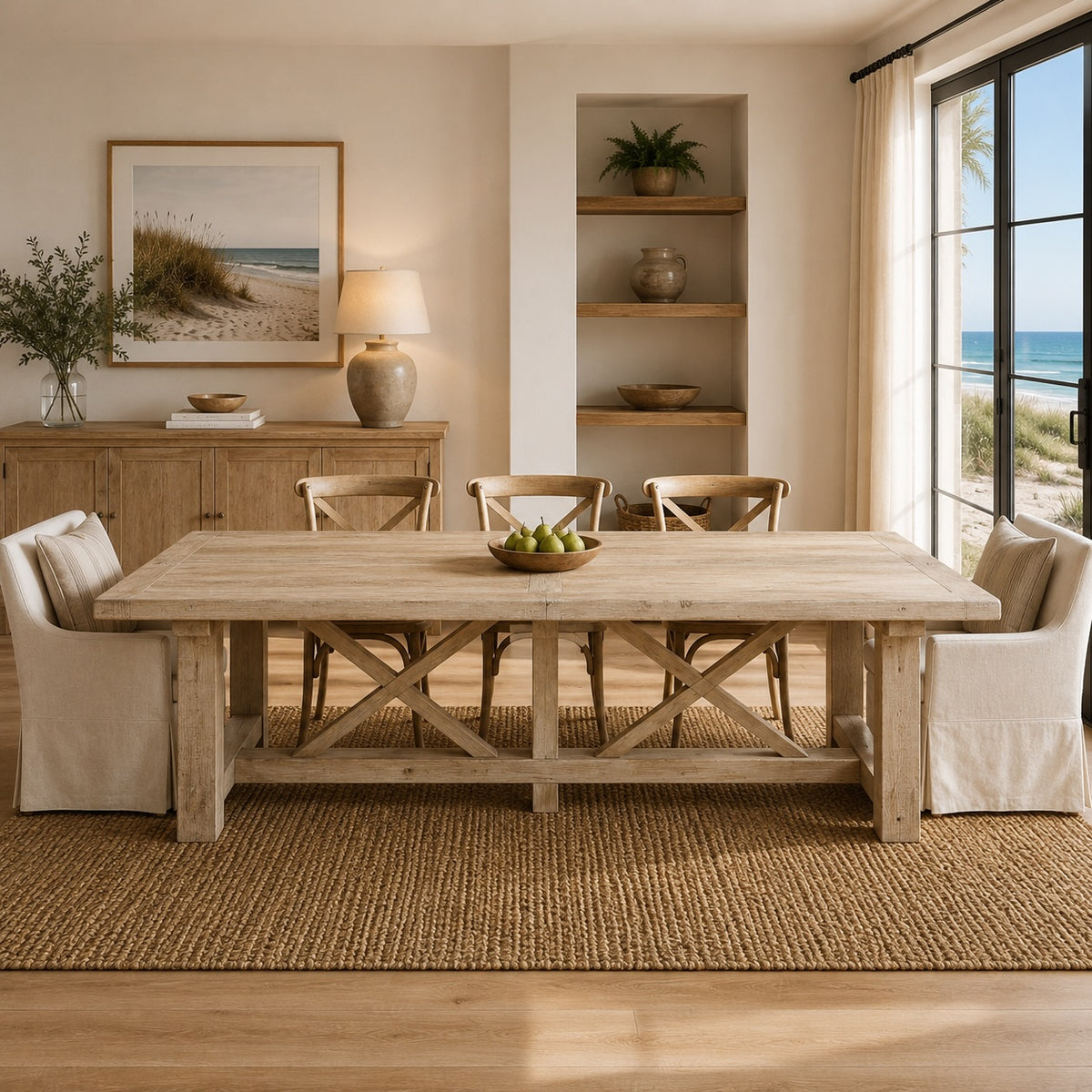 118" Long Capri Dining Table with Crossed Legs Weathered Natural Pine