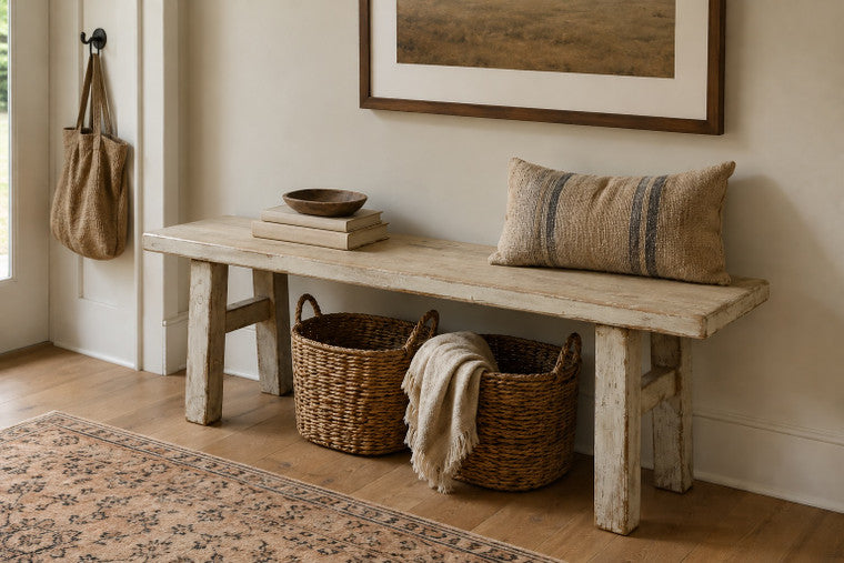 47"L Amalfi old pine wood bench antique off white small image 3