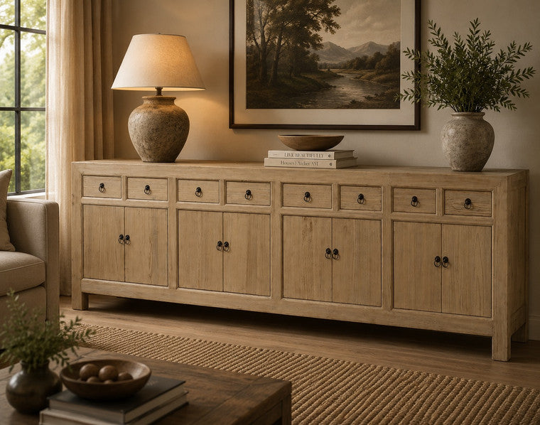 119 Inches Long 8 Drawers 8 Doors Sideboard Weathered Natural image 3