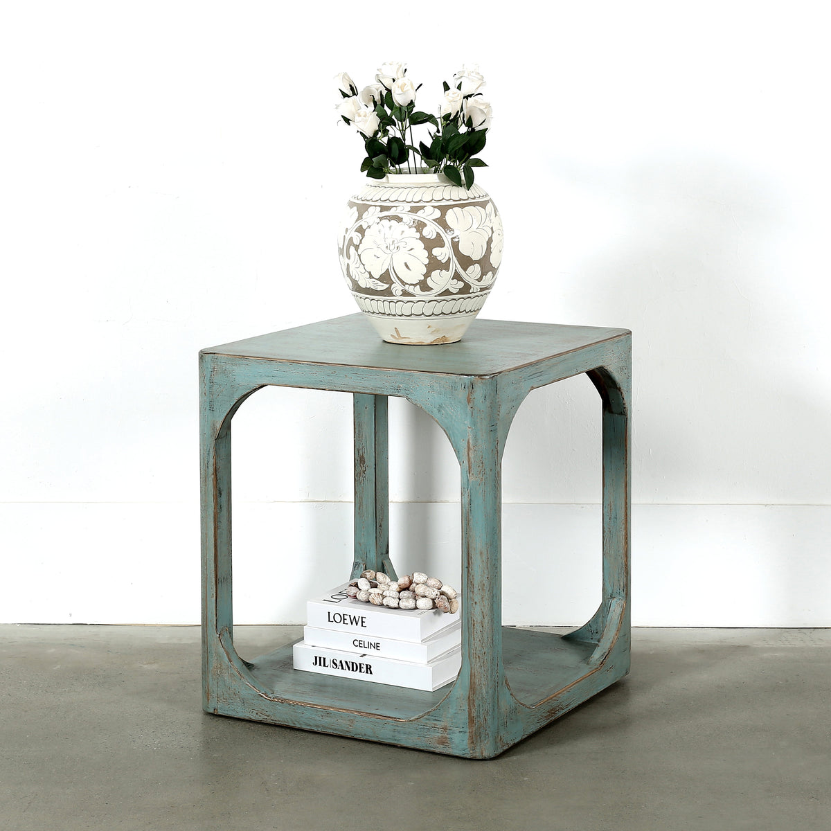 Ming Arch Side Table Weathered Soft Aqua