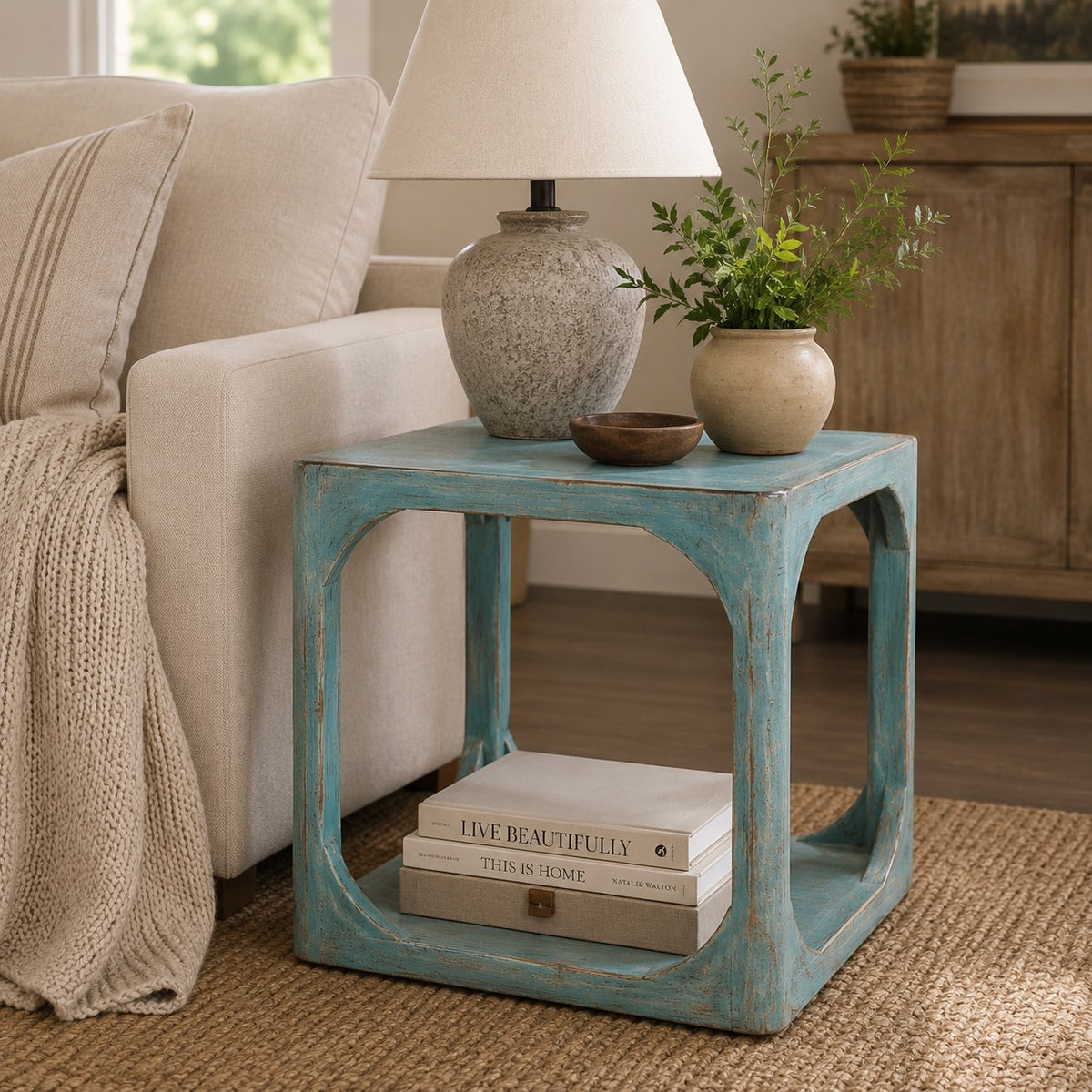 Ming Arch Side Table Weathered Soft Aqua