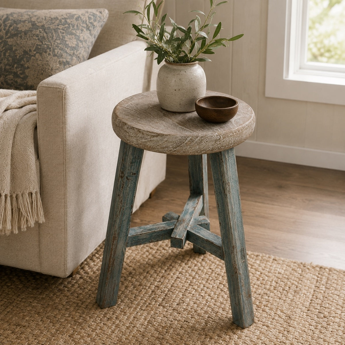 Elm round stool weathered soft aqua wash