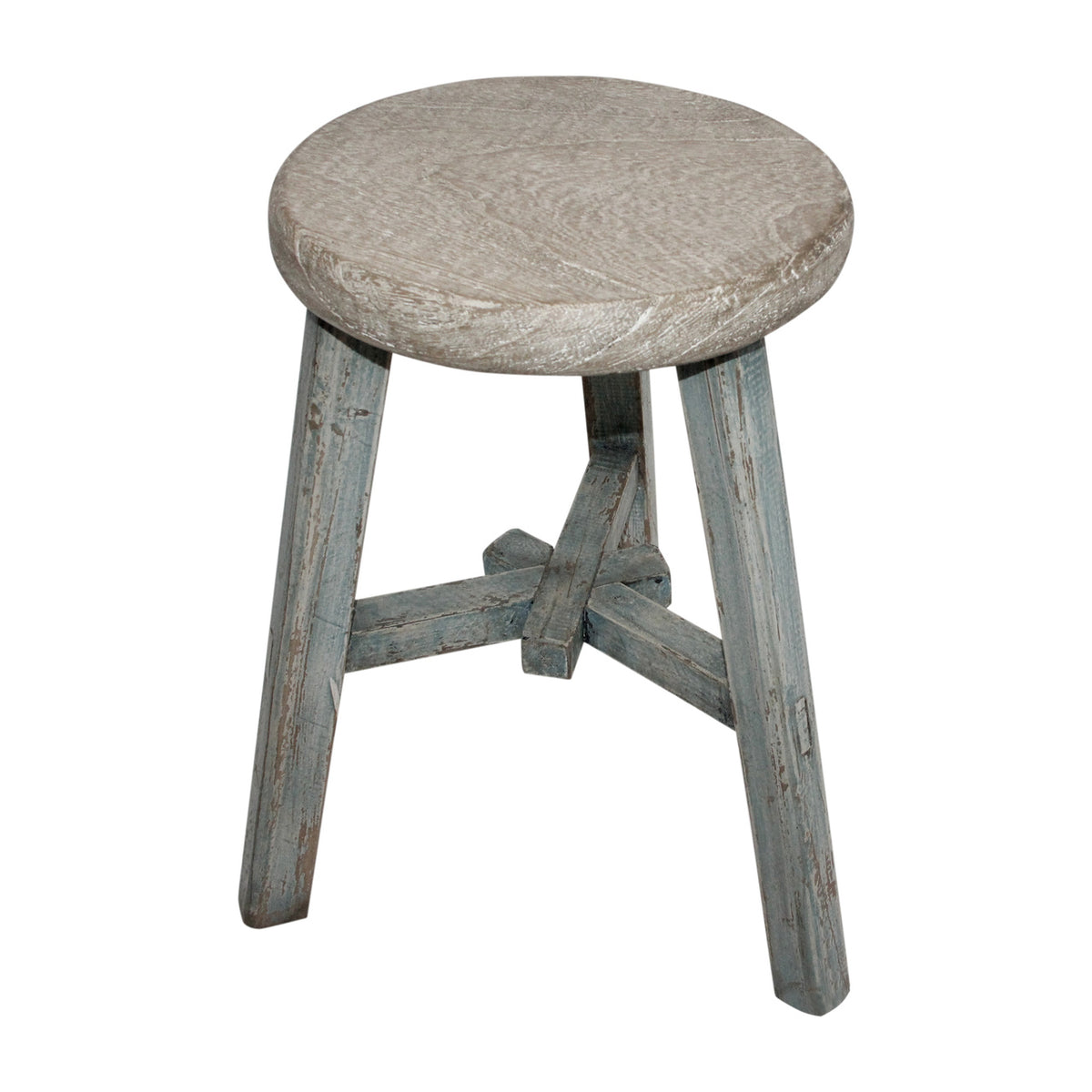 Elm round stool weathered soft aqua wash