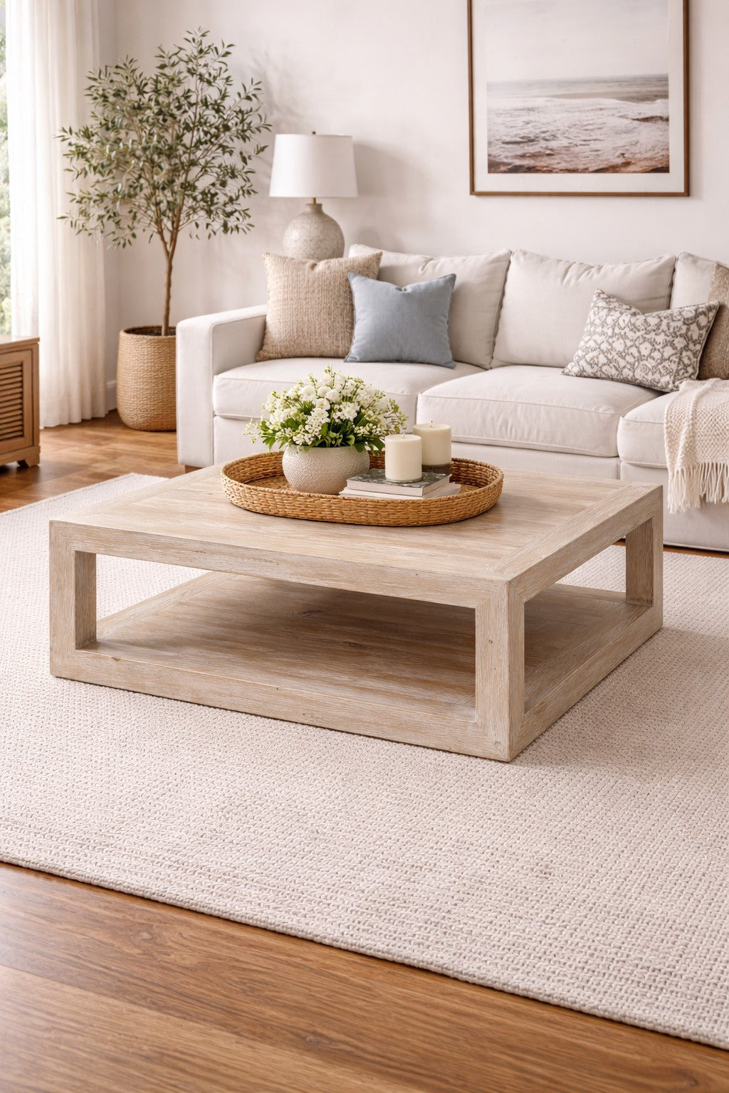 Peking Grand Framed Coffee Table Weathered White wash 39x39