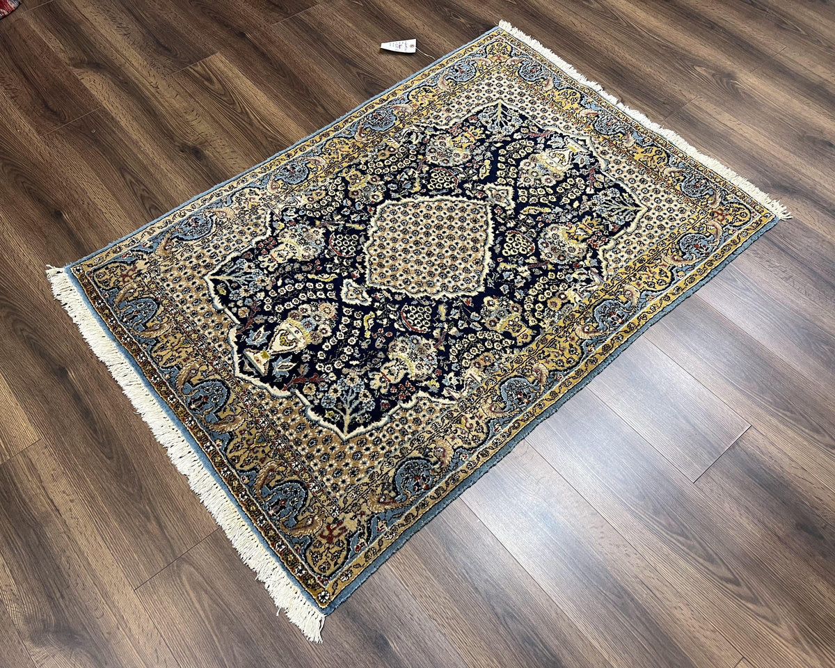Fine Persian Qum Rug 3x5, Semi Antique Vintage Oriental Ghom Carpet, Floral Medallion, Highly Detailed, Hand Knotted, Navy Blue, Wool Area Rug, Birds - Jewel Rugs, view 3