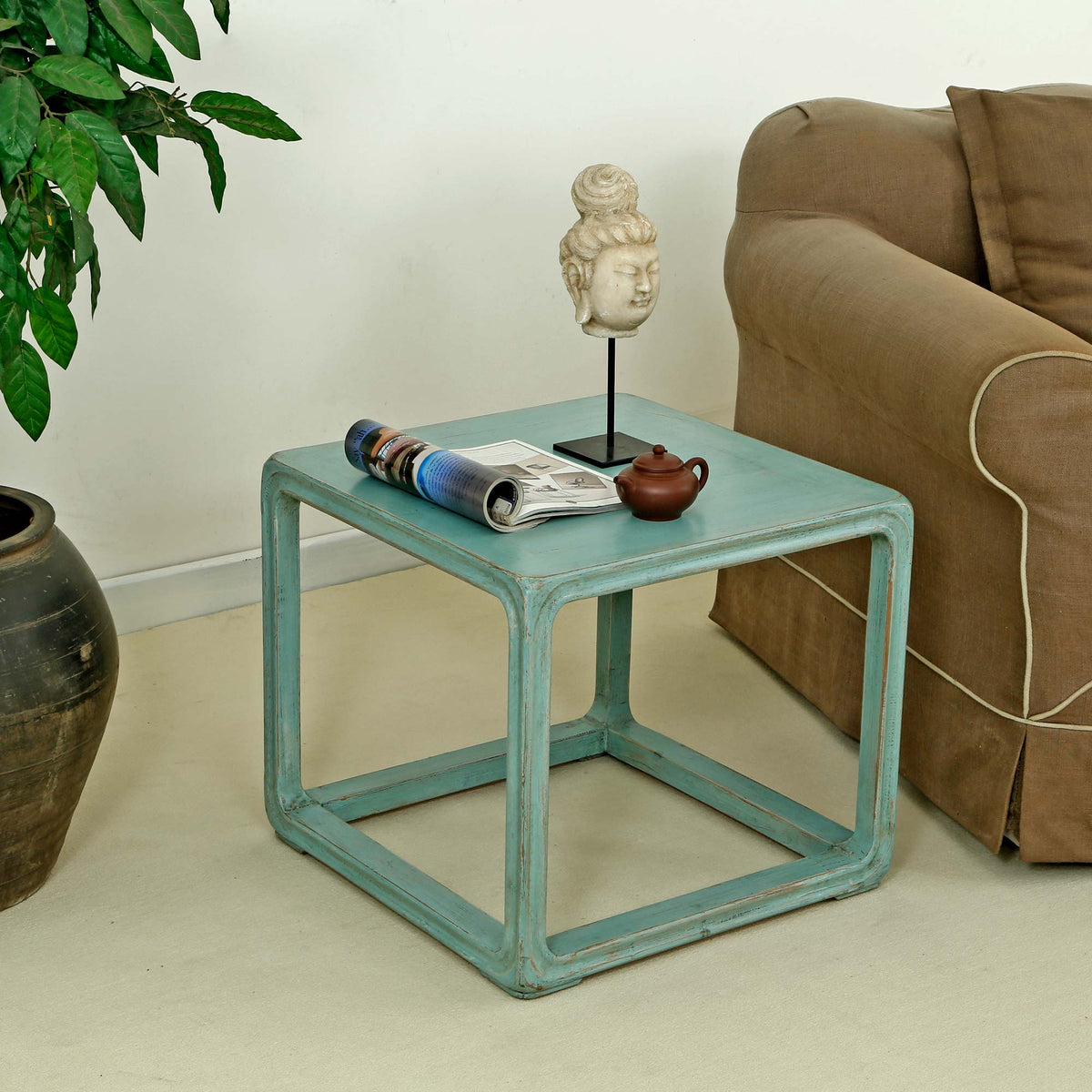 Peking Ming Square Side Table Weathered Turquoise