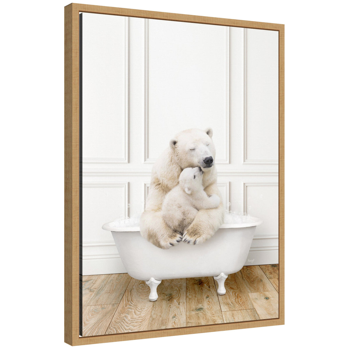 Sylvie Mother and Baby Polar Bear in Traditional Vintage Bathtub Framed Canvas by Amy Peterson
