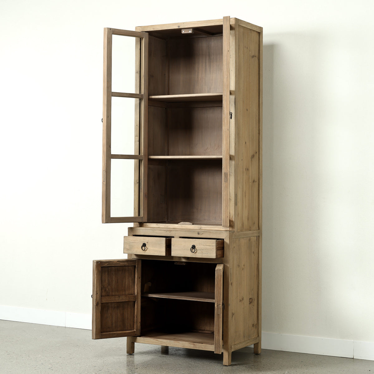 Approx. 89" High 4 Door Glass Display Cabinet Weathered Natural Pine PRE-ORDER ONLY(Minim 2)